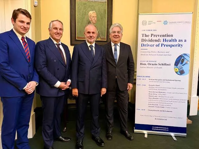 Orazio Schillaci with three other men in suits beside a banner for 'The Prevention Dividend: Health as a Driver of Prosperity', dated 1 October 2026, naming him as guest of honour